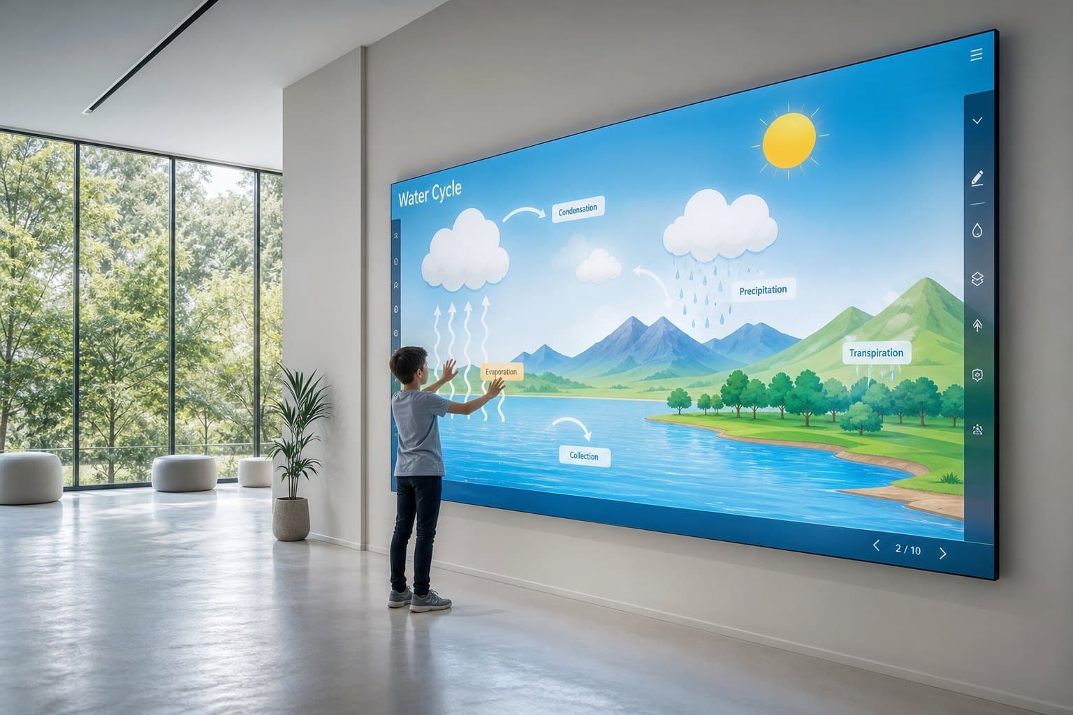 A child reaching into a lesson on a wall-mounted TabletX panel.