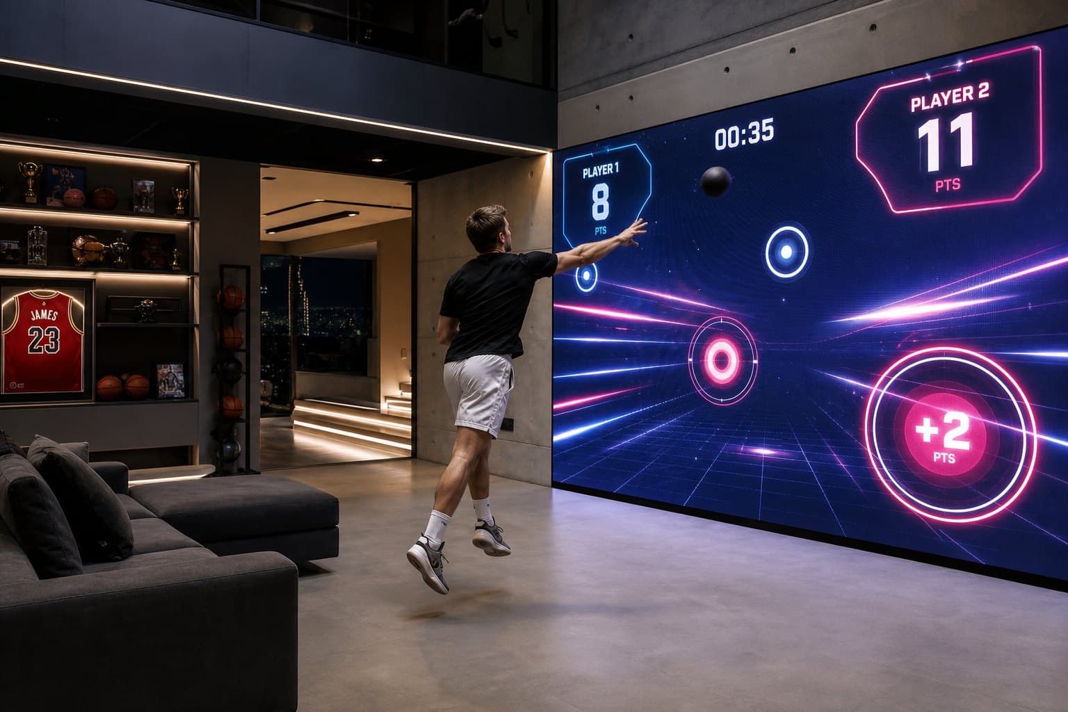 A player mid-throw at a TabletX panel running a two-player scoring game.